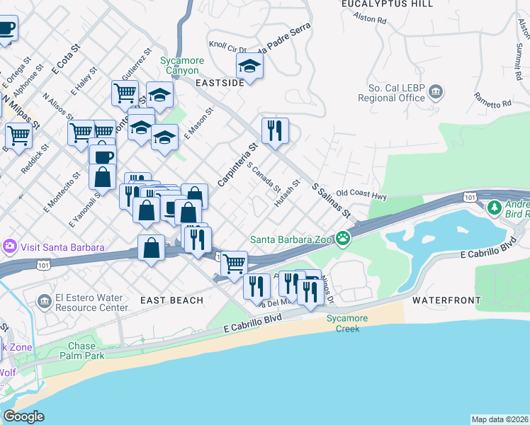 map of restaurants, bars, coffee shops, grocery stores, and more near 303 South Soledad Street in Santa Barbara