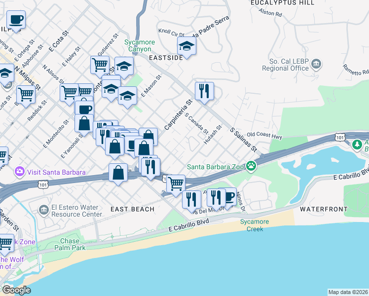 map of restaurants, bars, coffee shops, grocery stores, and more near 1210 Cacique Street in Santa Barbara