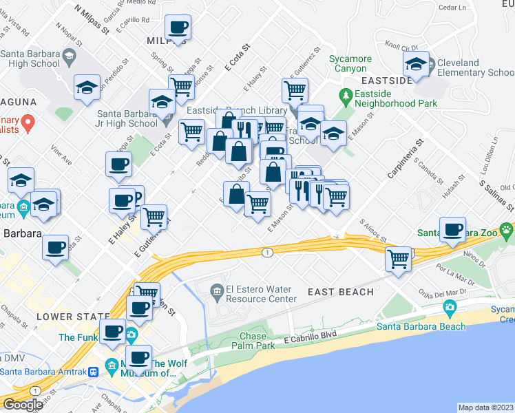 map of restaurants, bars, coffee shops, grocery stores, and more near 120 North Nopal Street in Santa Barbara