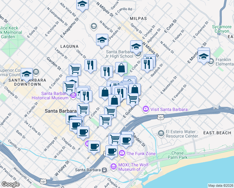 map of restaurants, bars, coffee shops, grocery stores, and more near 422 East Cota Street in Santa Barbara