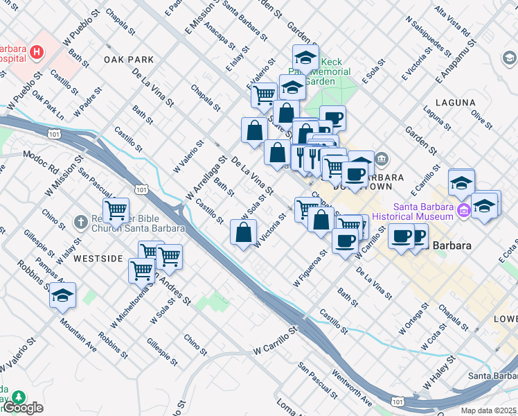 map of restaurants, bars, coffee shops, grocery stores, and more near 1335 Bath Street in Santa Barbara