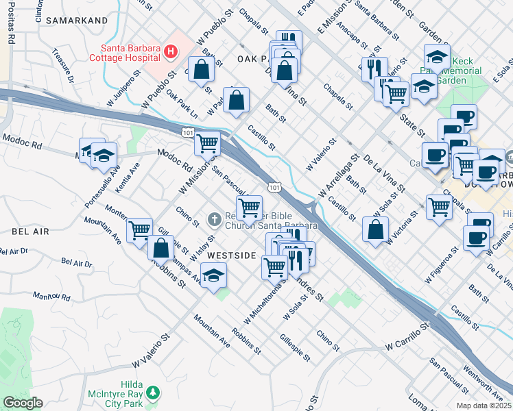 map of restaurants, bars, coffee shops, grocery stores, and more near 1714 San Pascual Street in Santa Barbara