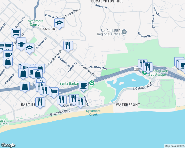map of restaurants, bars, coffee shops, grocery stores, and more near S Salinas St & Pitos St in Santa Barbara