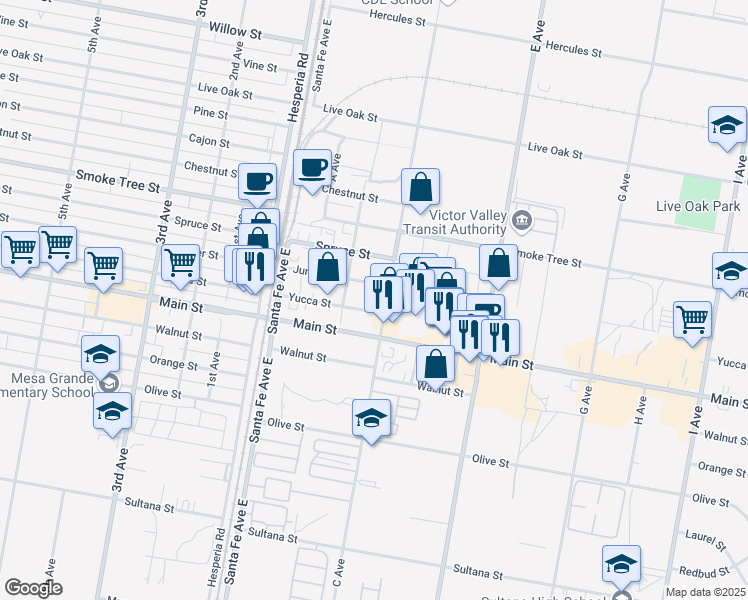 map of restaurants, bars, coffee shops, grocery stores, and more near 16770 Yucca Street in Hesperia