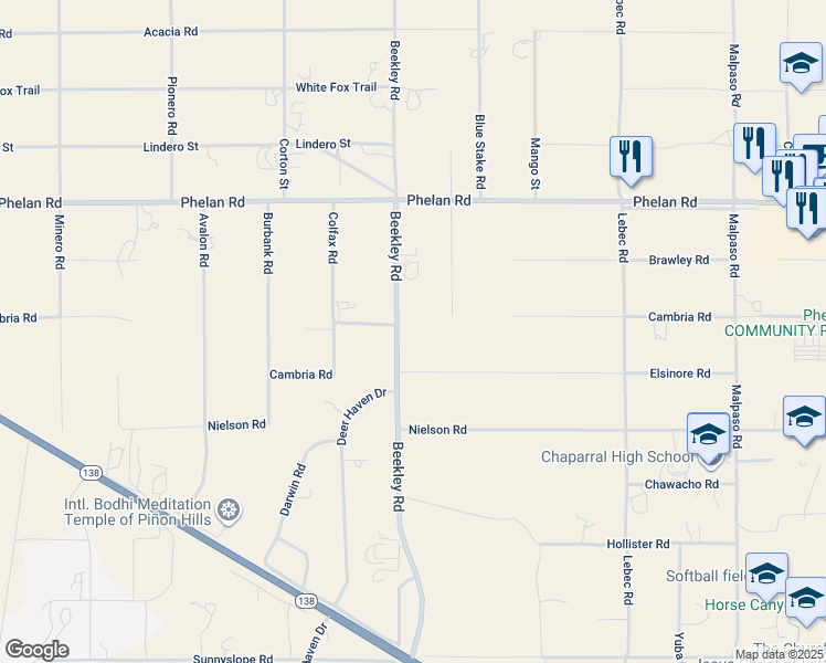 map of restaurants, bars, coffee shops, grocery stores, and more near 9679 Beekley Road in Phelan
