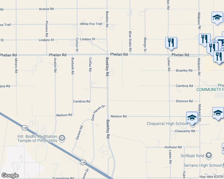 map of restaurants, bars, coffee shops, grocery stores, and more near 9679 Beekley Road in Phelan