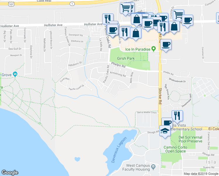 map of restaurants, bars, coffee shops, grocery stores, and more near 7056 Marymount Drive in Goleta