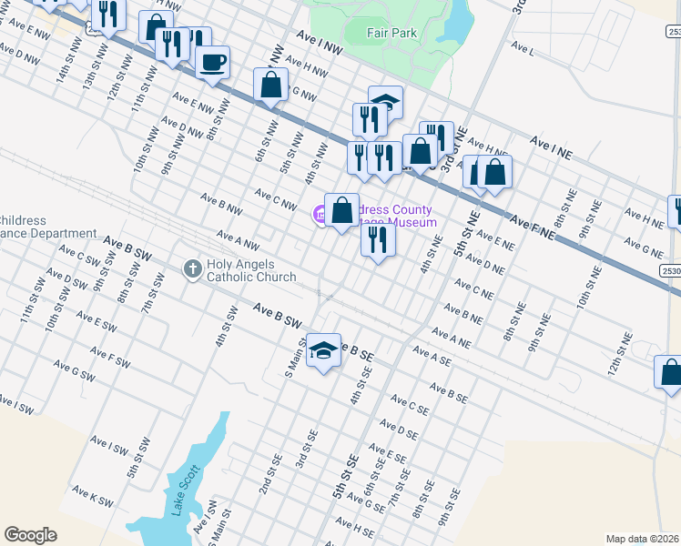 map of restaurants, bars, coffee shops, grocery stores, and more near 100-198 Ave A Northwest in Childress