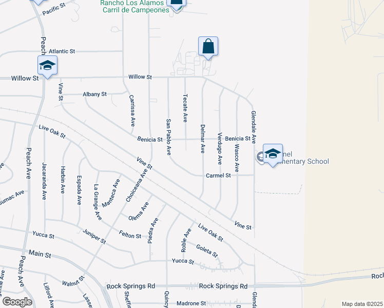 map of restaurants, bars, coffee shops, grocery stores, and more near 9423 Tecate Avenue in Hesperia