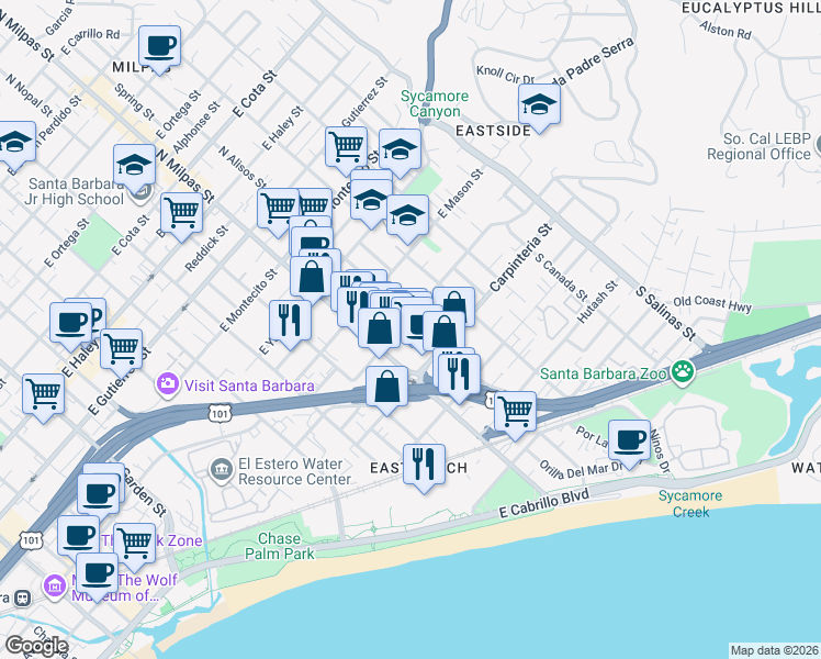 map of restaurants, bars, coffee shops, grocery stores, and more near 18 South Alisos Street in Santa Barbara