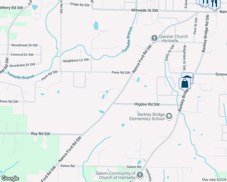 map of restaurants, bars, coffee shops, grocery stores, and more near 1226 Twin Lakes Circle Southwest in Hartselle