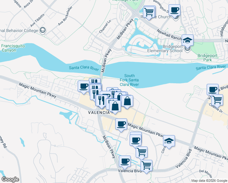 map of restaurants, bars, coffee shops, grocery stores, and more near 24233 Creekside Rd in Santa Clarita