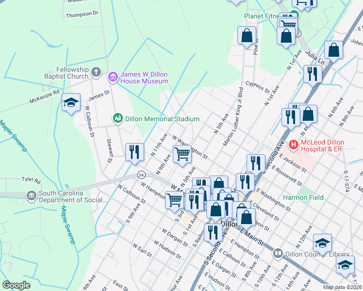 map of restaurants, bars, coffee shops, grocery stores, and more near 507 West Washington Street in Dillon