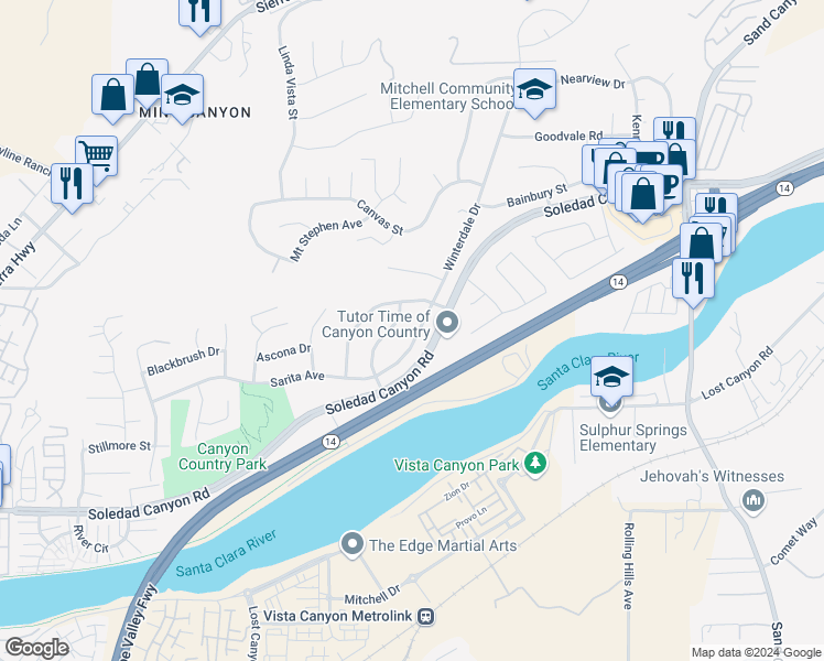 map of restaurants, bars, coffee shops, grocery stores, and more near 28119 Winterdale Drive in Santa Clarita