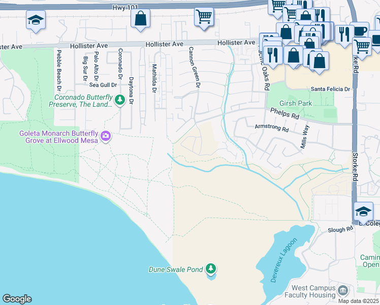 map of restaurants, bars, coffee shops, grocery stores, and more near 2411 Pacific Coast Drive in Goleta