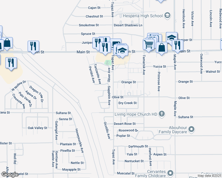 map of restaurants, bars, coffee shops, grocery stores, and more near 9473 Sapphire Avenue in Hesperia