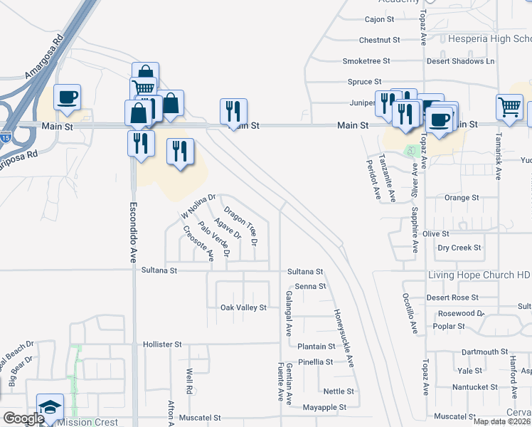 map of restaurants, bars, coffee shops, grocery stores, and more near 13674 West Nolina Drive in Hesperia