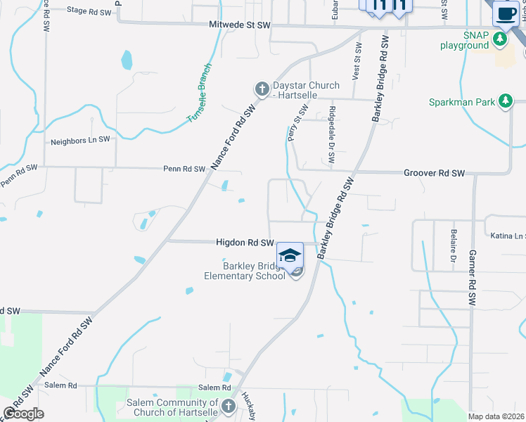 map of restaurants, bars, coffee shops, grocery stores, and more near 2105 Glenwood Drive Southwest in Hartselle
