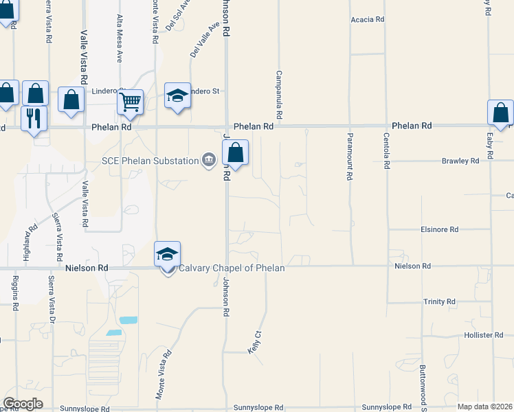 map of restaurants, bars, coffee shops, grocery stores, and more near 9425 Johnson Road in Phelan