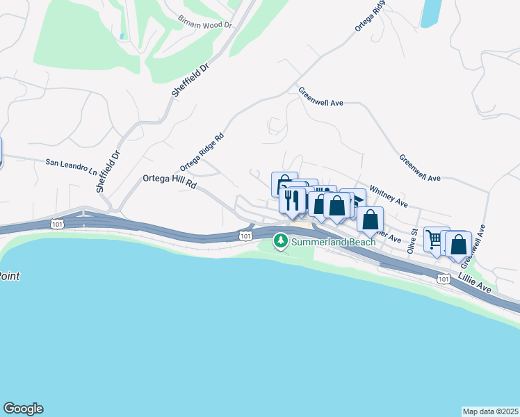 map of restaurants, bars, coffee shops, grocery stores, and more near 2176 Ortega Hill Road in Summerland