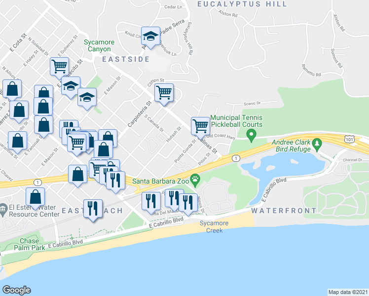 map of restaurants, bars, coffee shops, grocery stores, and more near 1225 Punta Gorda Street in Santa Barbara