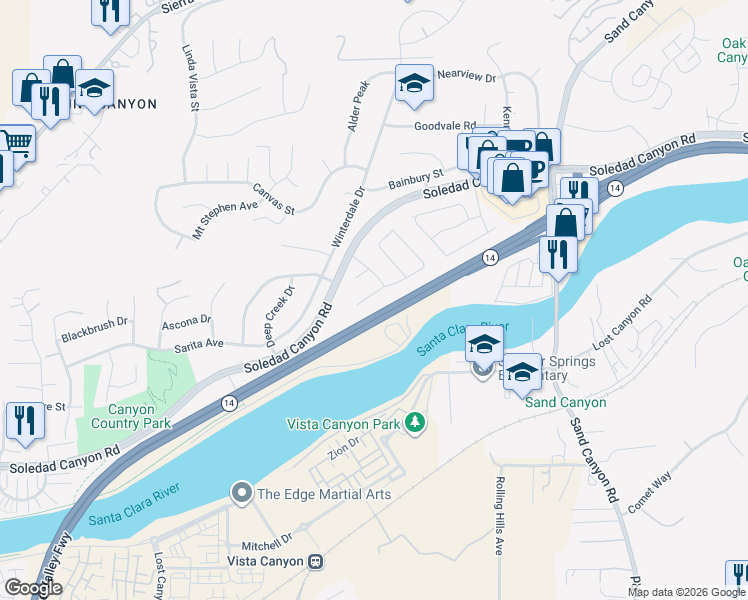 map of restaurants, bars, coffee shops, grocery stores, and more near 16916 Shinedale Drive in Santa Clarita