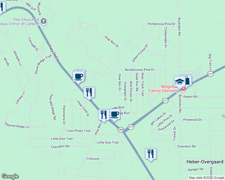 map of restaurants, bars, coffee shops, grocery stores, and more near 3505 Rae Circle in Heber-Overgaard