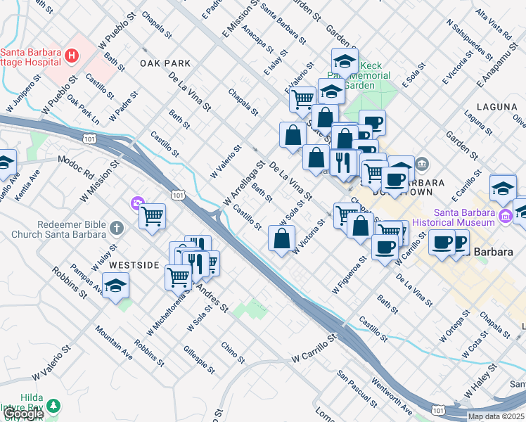 map of restaurants, bars, coffee shops, grocery stores, and more near 317 West Micheltorena Street in Santa Barbara