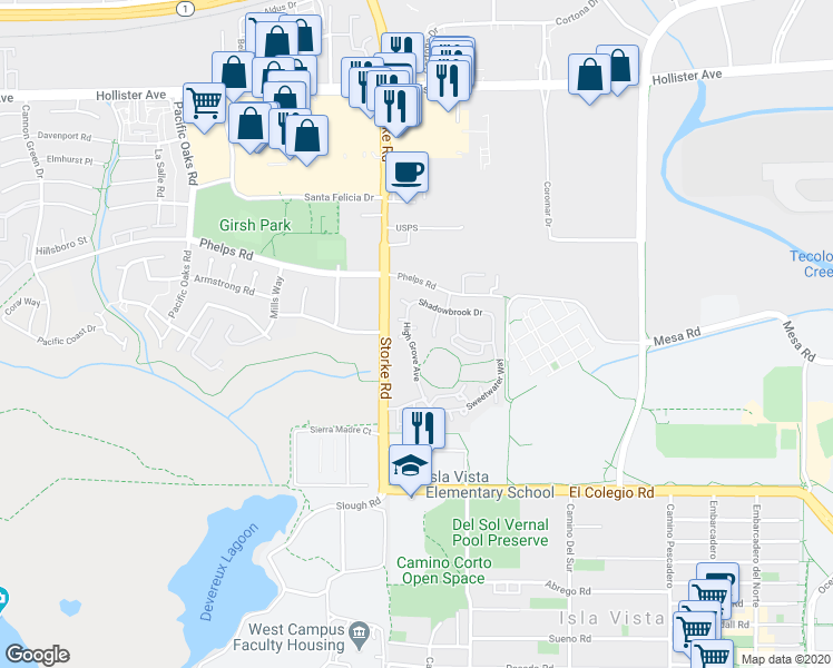 map of restaurants, bars, coffee shops, grocery stores, and more near 6865 Silver Fern Court in Goleta
