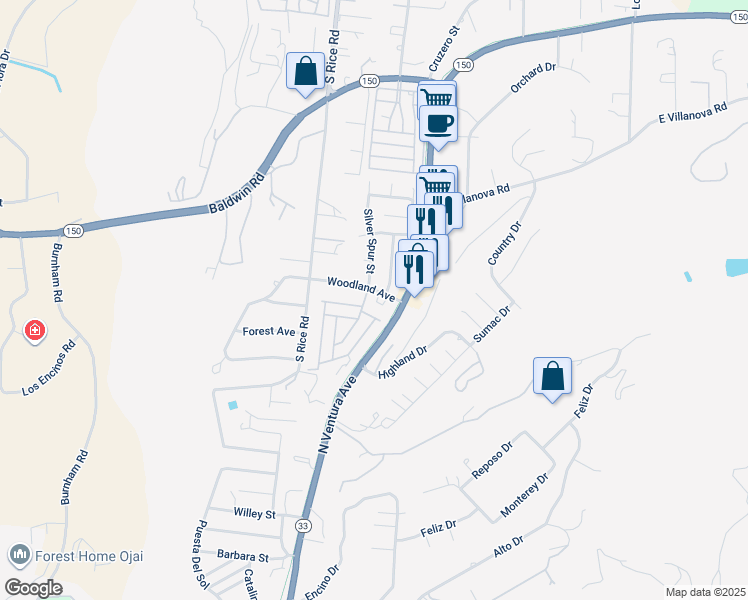 map of restaurants, bars, coffee shops, grocery stores, and more near 848 Woodland Avenue in Ojai