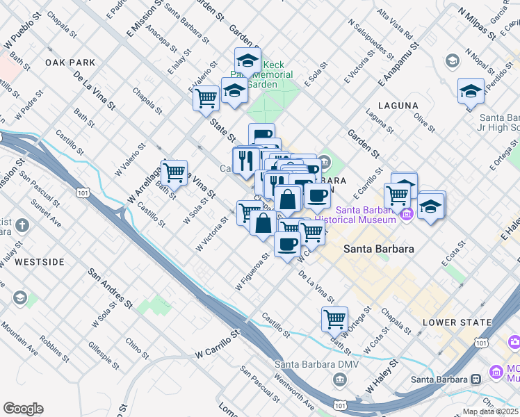 map of restaurants, bars, coffee shops, grocery stores, and more near 109 West Anapamu Street in Santa Barbara