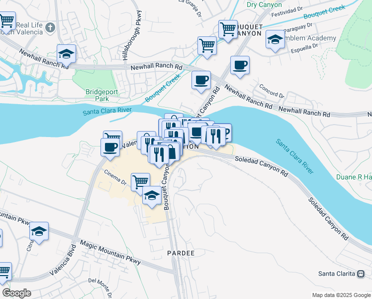 map of restaurants, bars, coffee shops, grocery stores, and more near 28739 Darrow Avenue in Santa Clarita