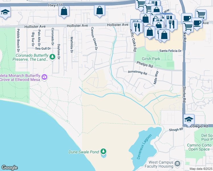 map of restaurants, bars, coffee shops, grocery stores, and more near 2305 Pacific Coast Drive in Goleta