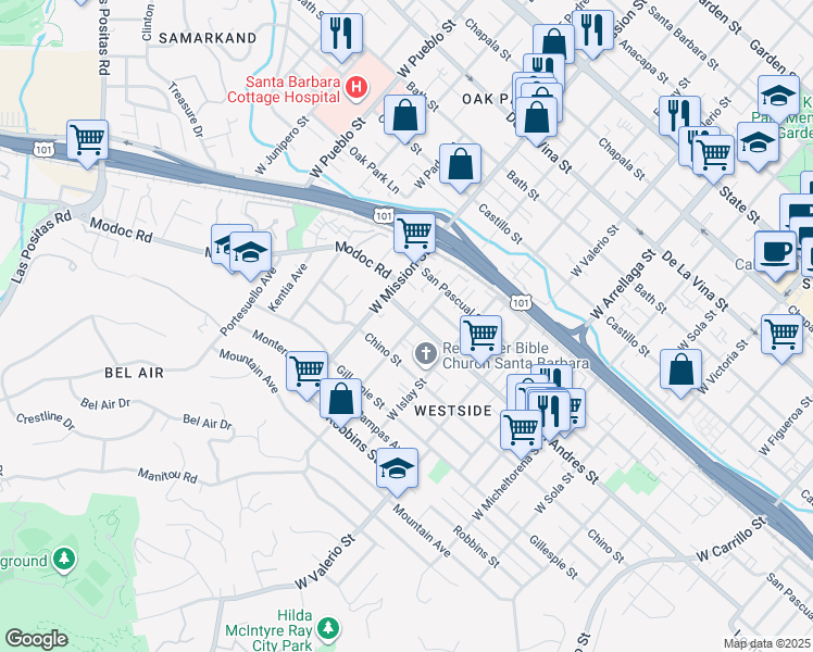 map of restaurants, bars, coffee shops, grocery stores, and more near 710 West Pedregosa Street in Santa Barbara