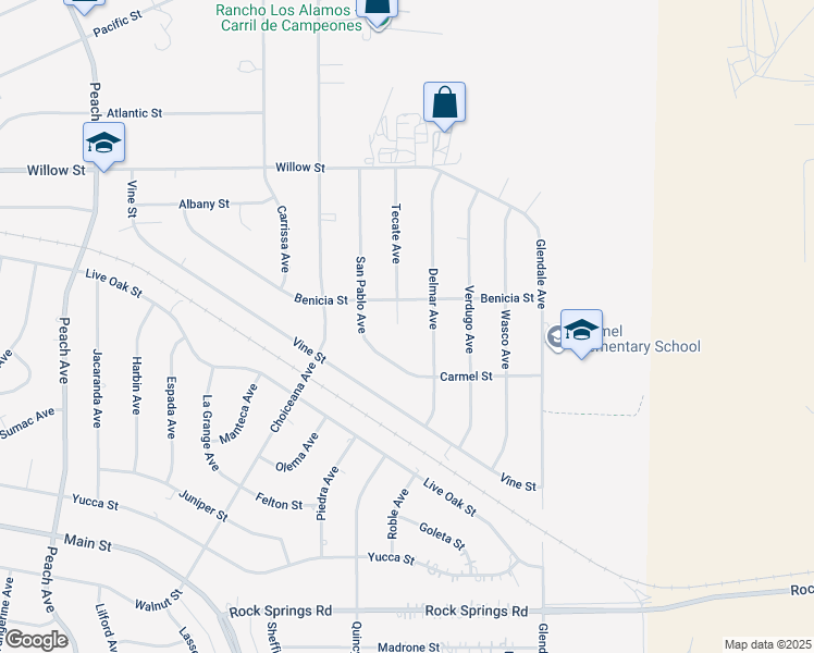 map of restaurants, bars, coffee shops, grocery stores, and more near 9423 Tecate Avenue in Hesperia