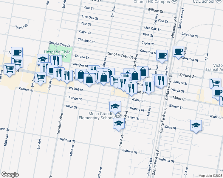 map of restaurants, bars, coffee shops, grocery stores, and more near 16195 Main Street in Hesperia