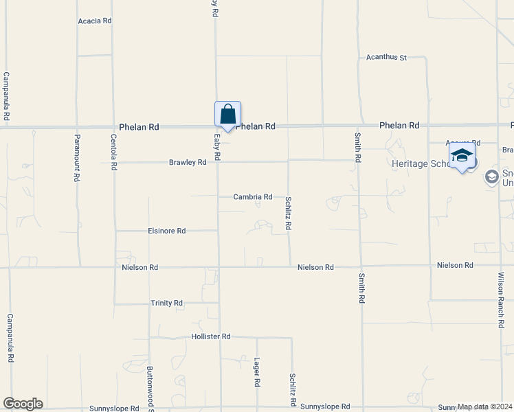 map of restaurants, bars, coffee shops, grocery stores, and more near 5827 Cambria Road in Phelan