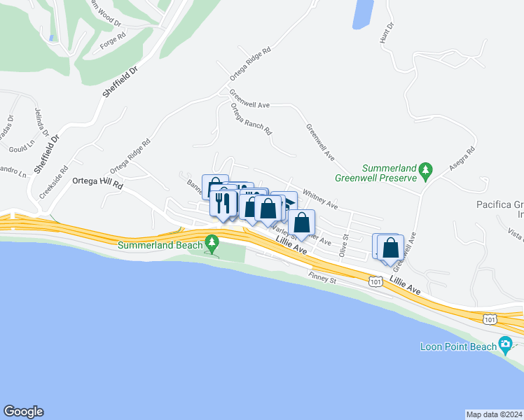 map of restaurants, bars, coffee shops, grocery stores, and more near 2320 Banner Avenue in Santa Barbara