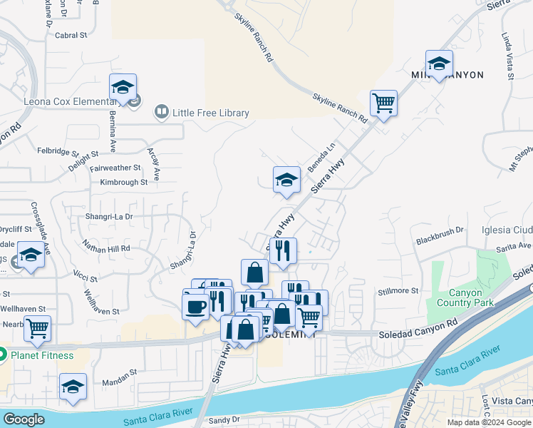 map of restaurants, bars, coffee shops, grocery stores, and more near 27951 Avalon Drive in Santa Clarita