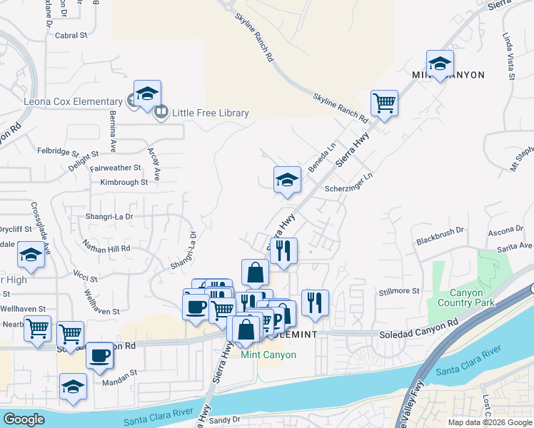 map of restaurants, bars, coffee shops, grocery stores, and more near 27951 Avalon Drive in Santa Clarita