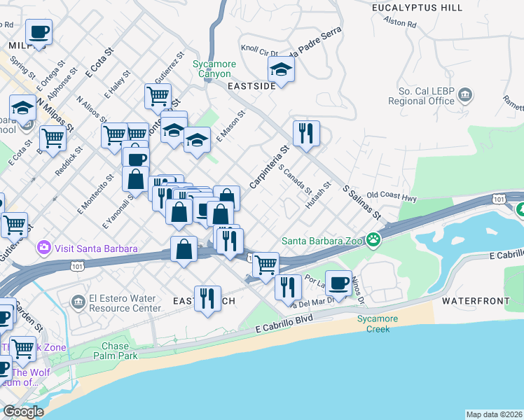 map of restaurants, bars, coffee shops, grocery stores, and more near 1035 Cacique Street in Santa Barbara