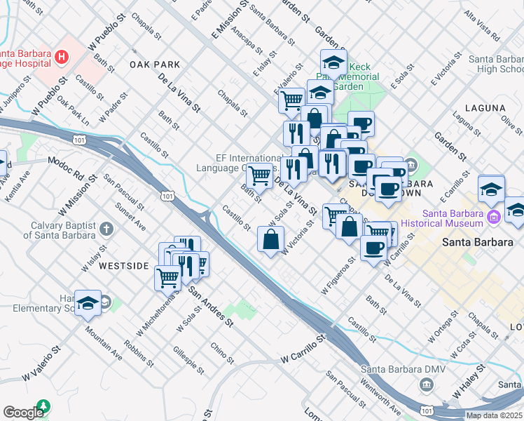 map of restaurants, bars, coffee shops, grocery stores, and more near 327 West Micheltorena Street in Santa Barbara