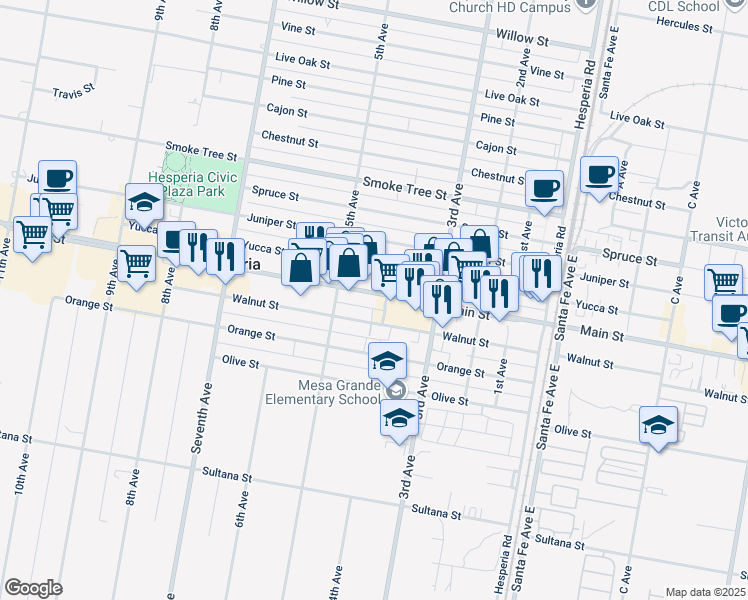 map of restaurants, bars, coffee shops, grocery stores, and more near 16195 Main Street in Hesperia