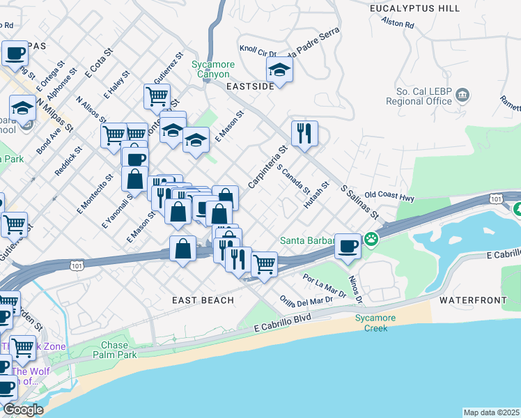 map of restaurants, bars, coffee shops, grocery stores, and more near 1035 Cacique Street in Santa Barbara