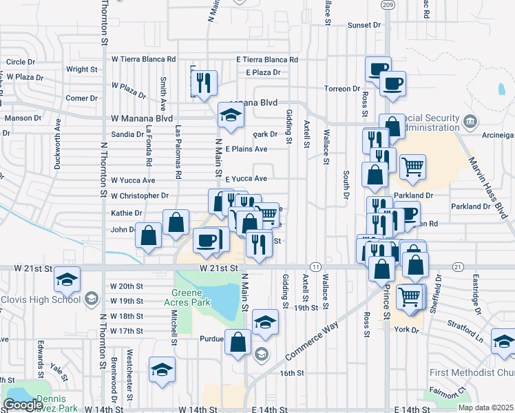 map of restaurants, bars, coffee shops, grocery stores, and more near 132 Mesa Avenue in Clovis