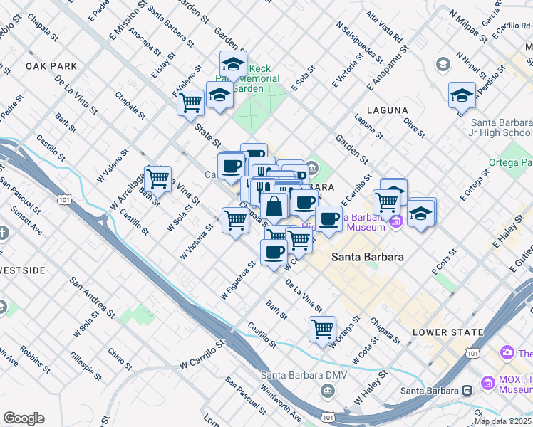 map of restaurants, bars, coffee shops, grocery stores, and more near 26 West Figueroa Street in Santa Barbara