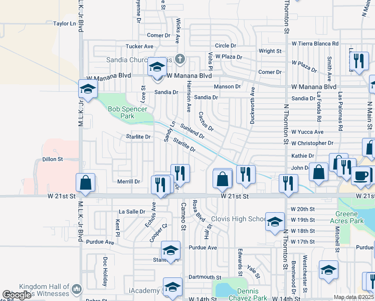 map of restaurants, bars, coffee shops, grocery stores, and more near 104a Gayland Drive in Clovis