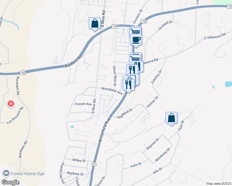 map of restaurants, bars, coffee shops, grocery stores, and more near 952 Woodland Avenue in Ojai