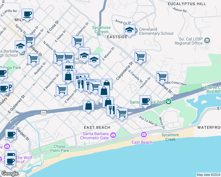 map of restaurants, bars, coffee shops, grocery stores, and more near 1012A Carpinteria Street in Santa Barbara