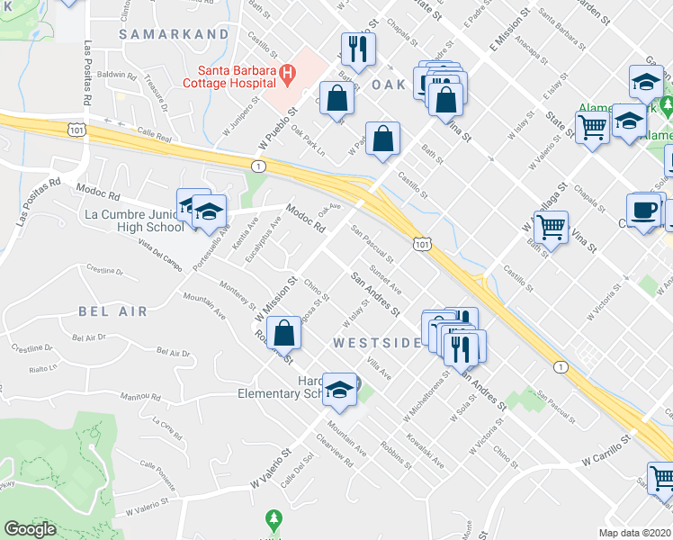 map of restaurants, bars, coffee shops, grocery stores, and more near 1914 Chino Street in Santa Barbara